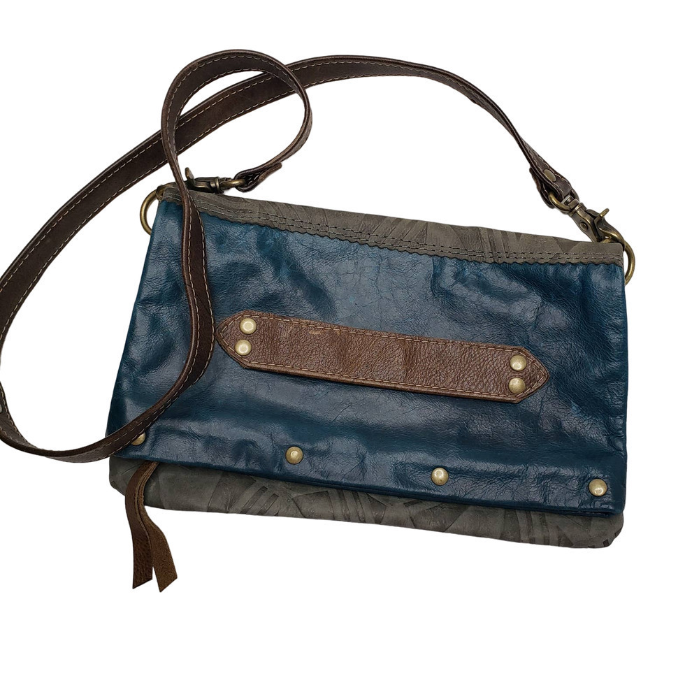 Permanent Baggage Foldover Crossbody Clutch Bag Purse Leather Grey Teal Blue